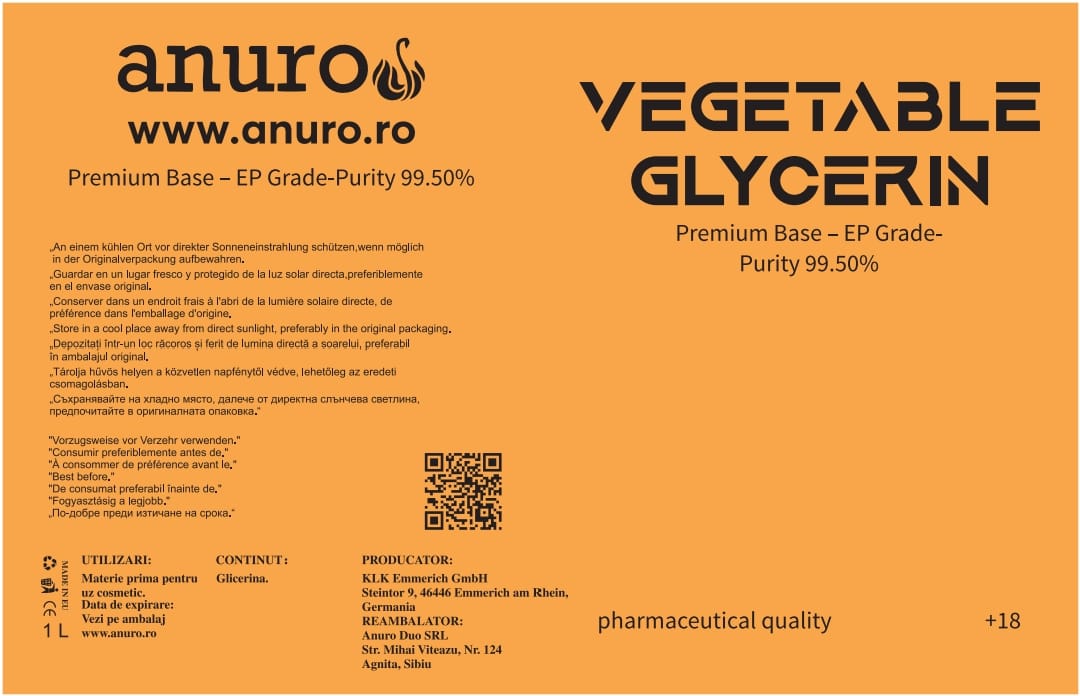 Glicerină Vegetală (VG) 99.50% – Box 12 Litri | Calitate, Grad Farmaceutic - B2B